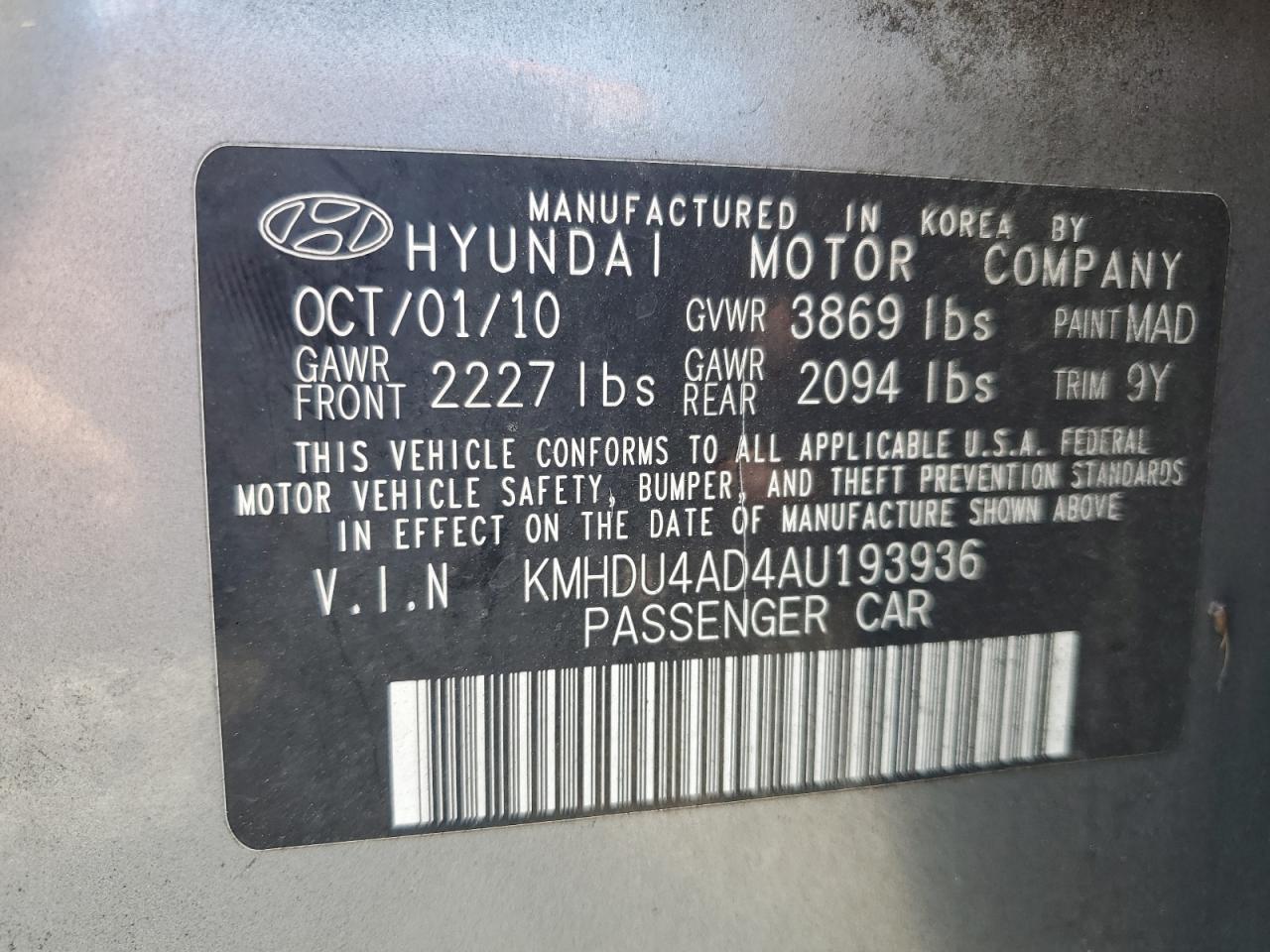 2010 Hyundai Elantra Blue VIN: KMHDU4AD4AU193936 Lot: 65282045
