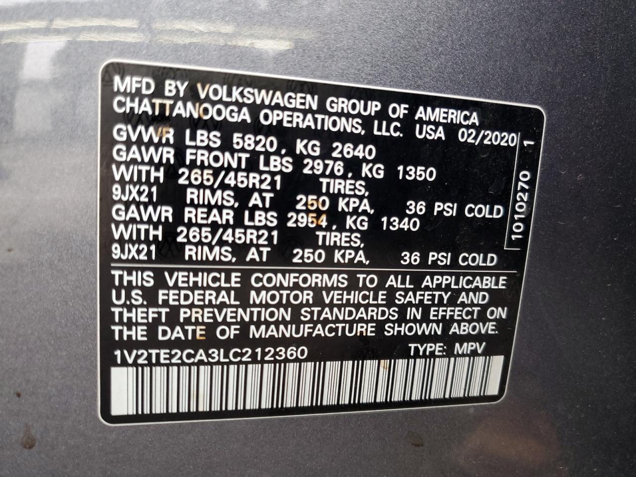 1v2te2ca3lc212360 1V2TE2CA3LC212360 2020 Volkswagen Atlas Cross Sport Sel Premium R-Line