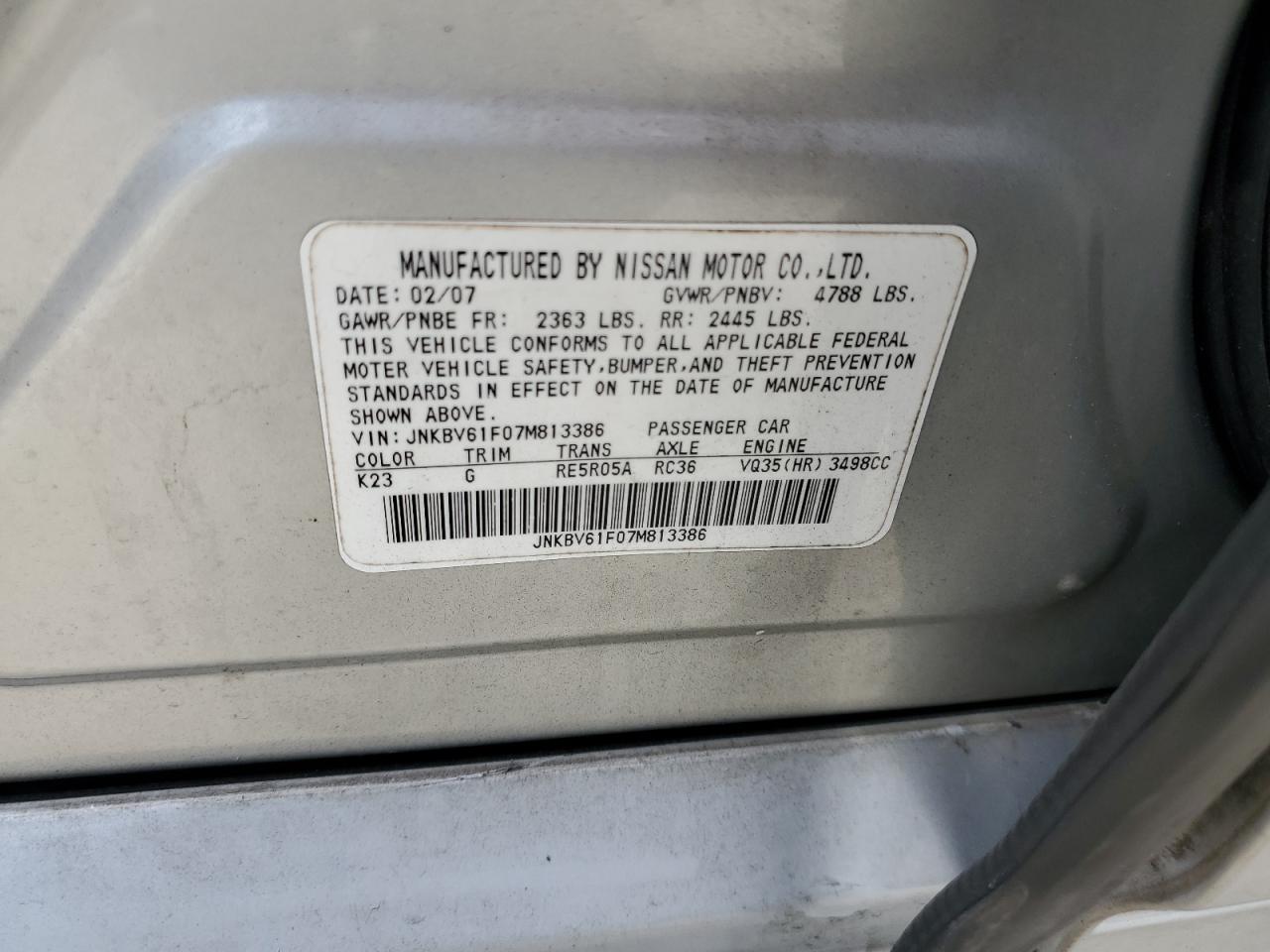 2007 Infiniti G35 VIN: JNKBV61F07M813386 Lot: 64299435