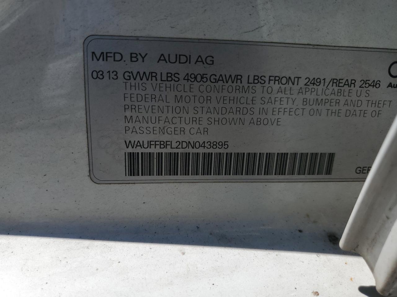 2013 Audi A4 Premium Plus VIN: WAUFFBFL2DN043895 Lot: 63663965