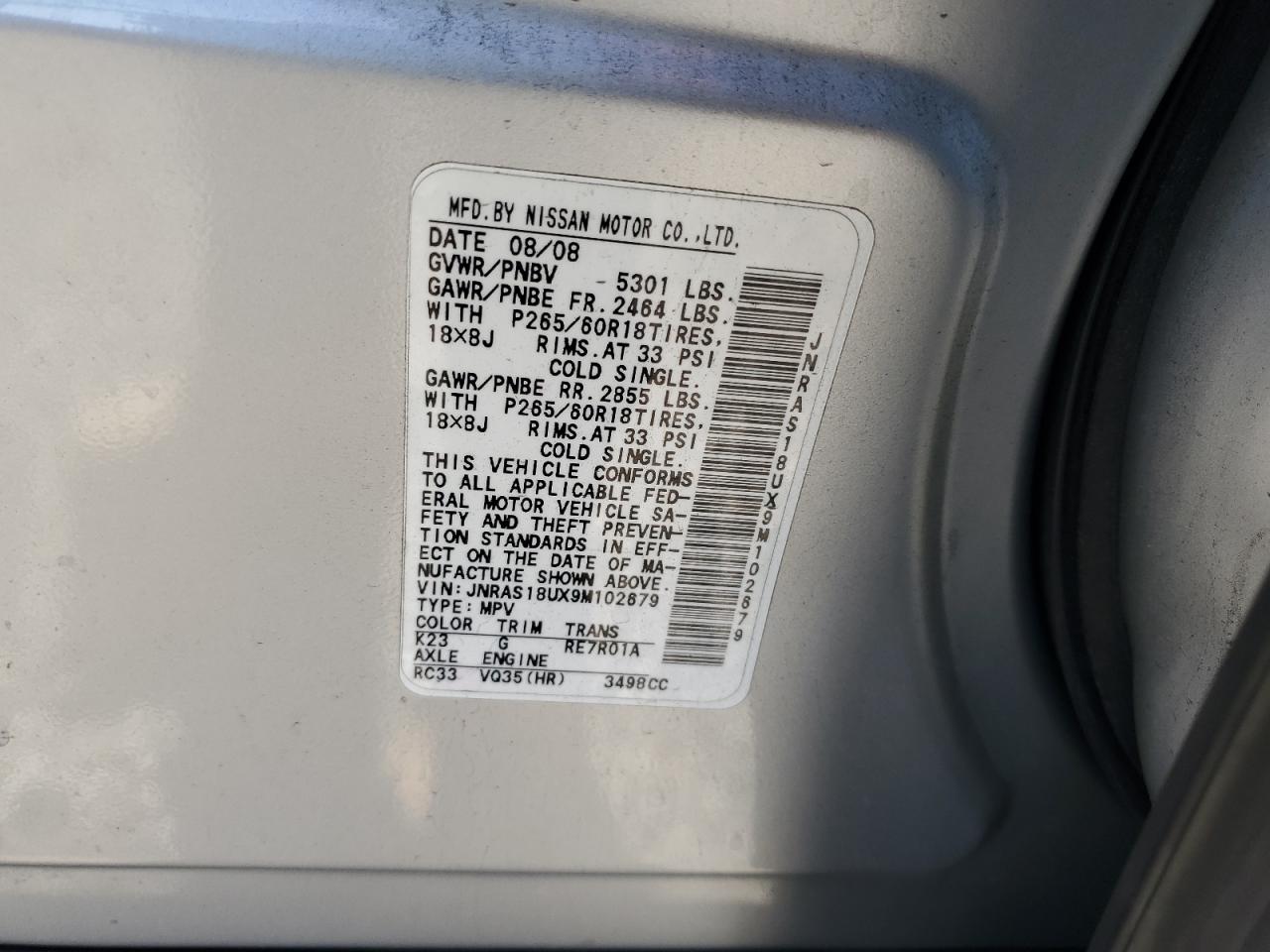 2009 Infiniti Fx35 VIN: JNRAS18UX9M102679 Lot: 64474915