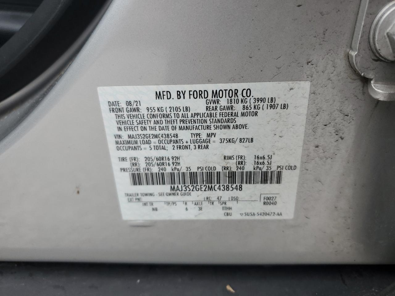 2021 Ford Ecosport Se VIN: MAJ3S2GE2MC438548 Lot: 63979035