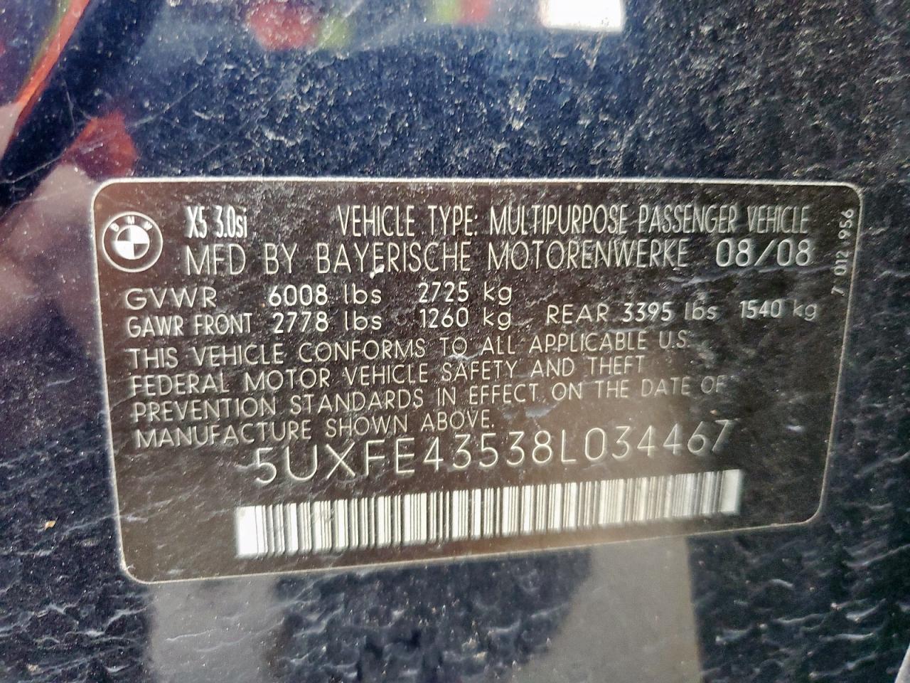 2008 BMW X5 3.0I VIN: 5UXFE43538L034467 Lot: 64612305