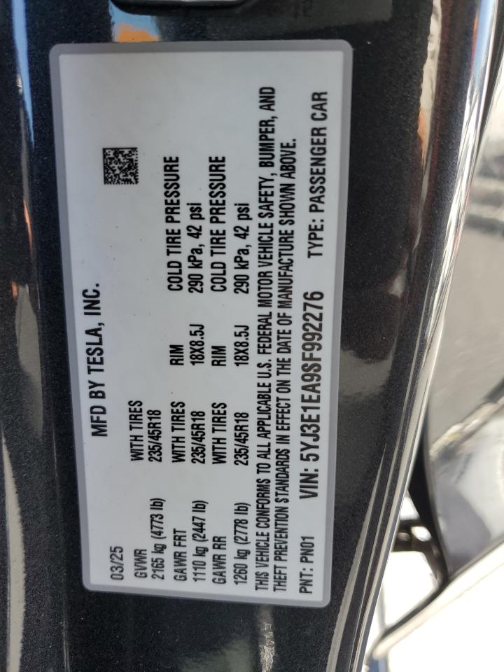 2025 Tesla Model 3 VIN: 5YJ3E1EA9SF992276 Lot: 65240755