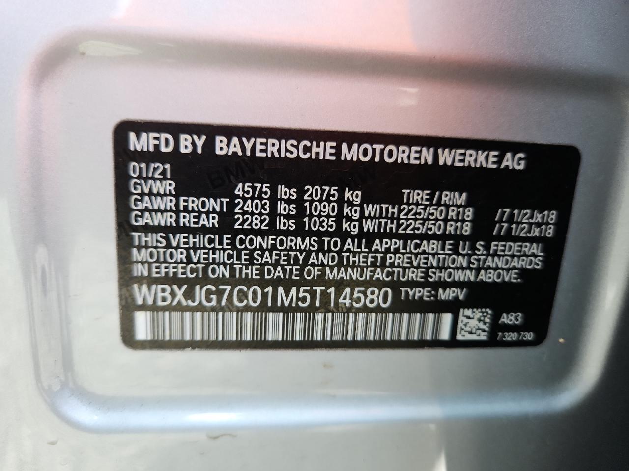 2021 BMW X1 Sdrive28I VIN: WBXJG7C01M5T14580 Lot: 64408895