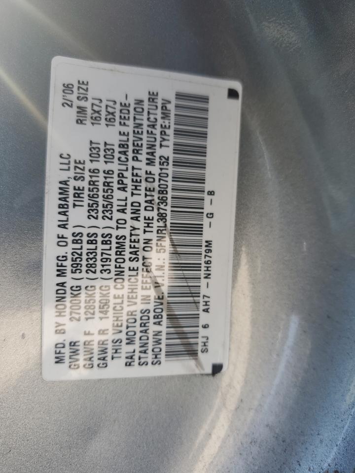 2006 Honda Odyssey Exl VIN: 5FNRL38736B070152 Lot: 64329225