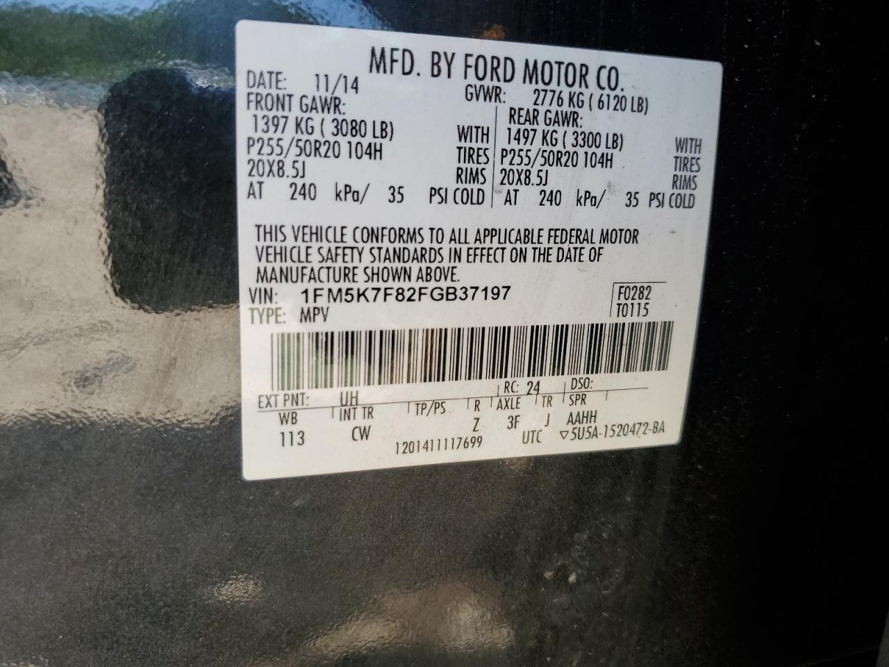 2015 Ford Explorer Limited VIN: 1FM5K7F82FGB37197 Lot: 65772175