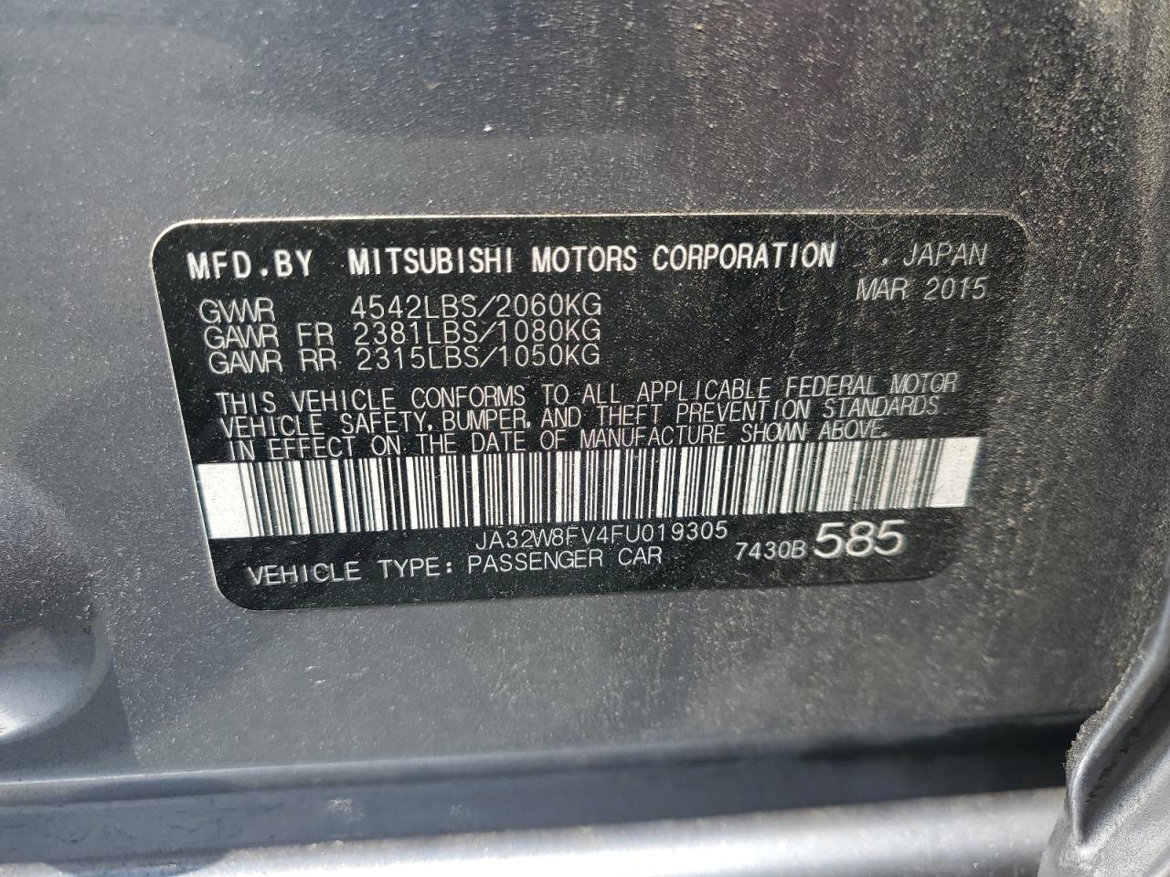 2015 Mitsubishi Lancer Evolution Gsr VIN: JA32W8FV4FU019305 Lot: 62368895