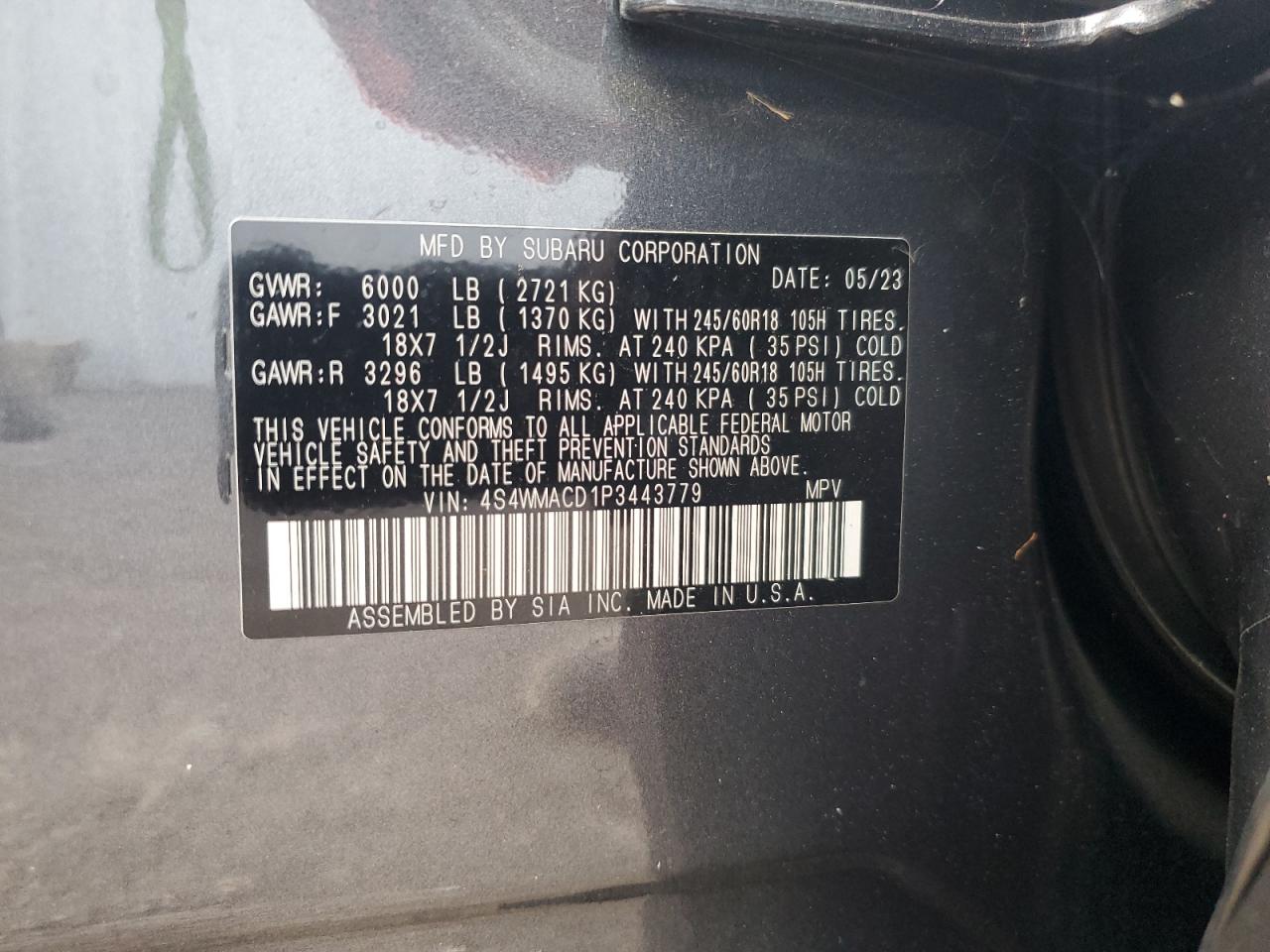 2023 Subaru Ascent Premium VIN: 4S4WMACD1P3443779 Lot: 63239085