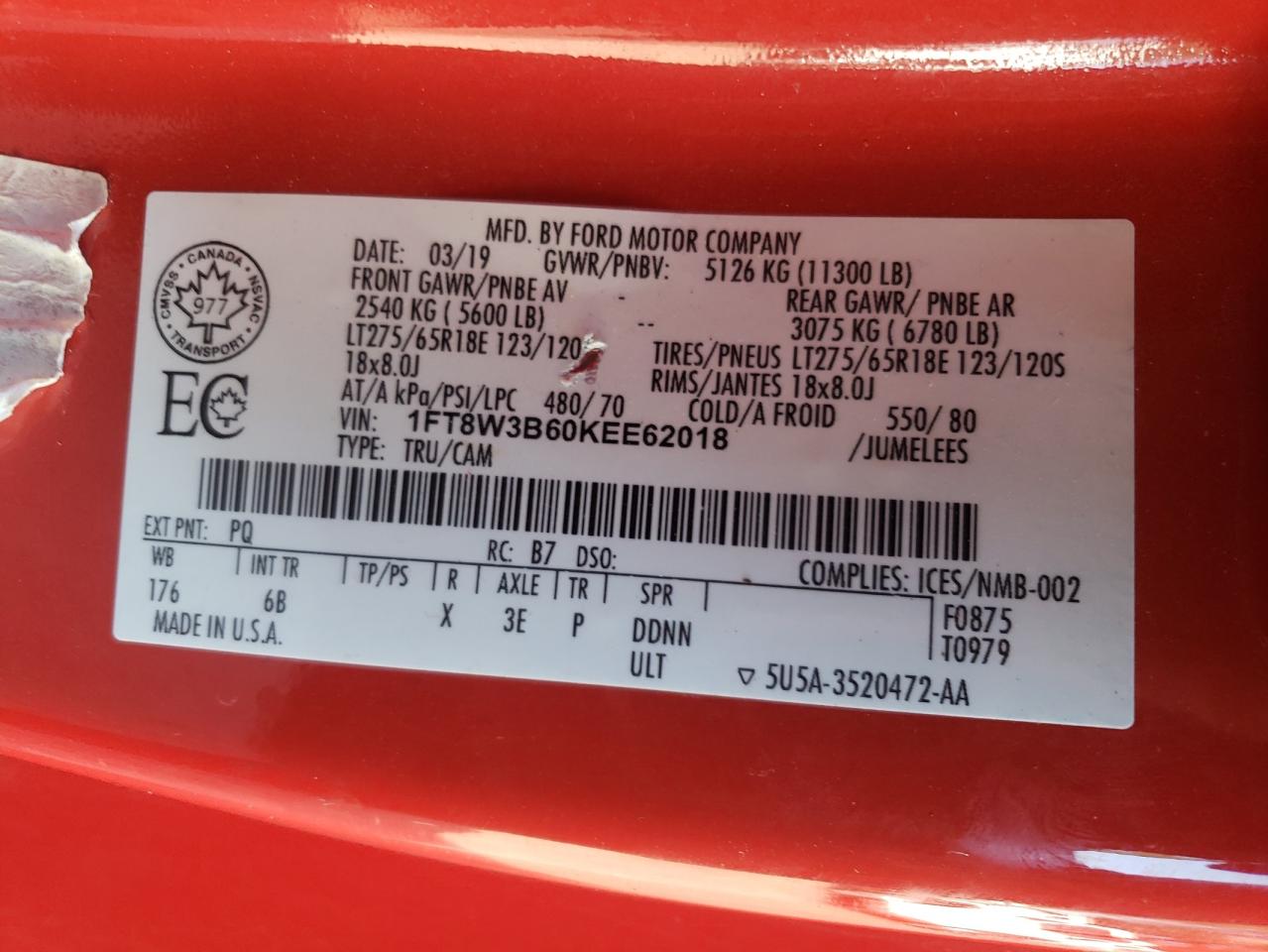 2019 Ford F350 Super Duty VIN: 1FT8W3B60KEE62018 Lot: 64236445
