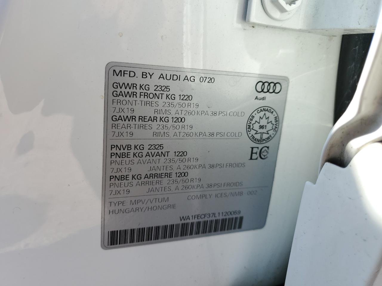 2020 Audi Q3 Prestige S-Line VIN: WA1FECF37L1120059 Lot: 64637305