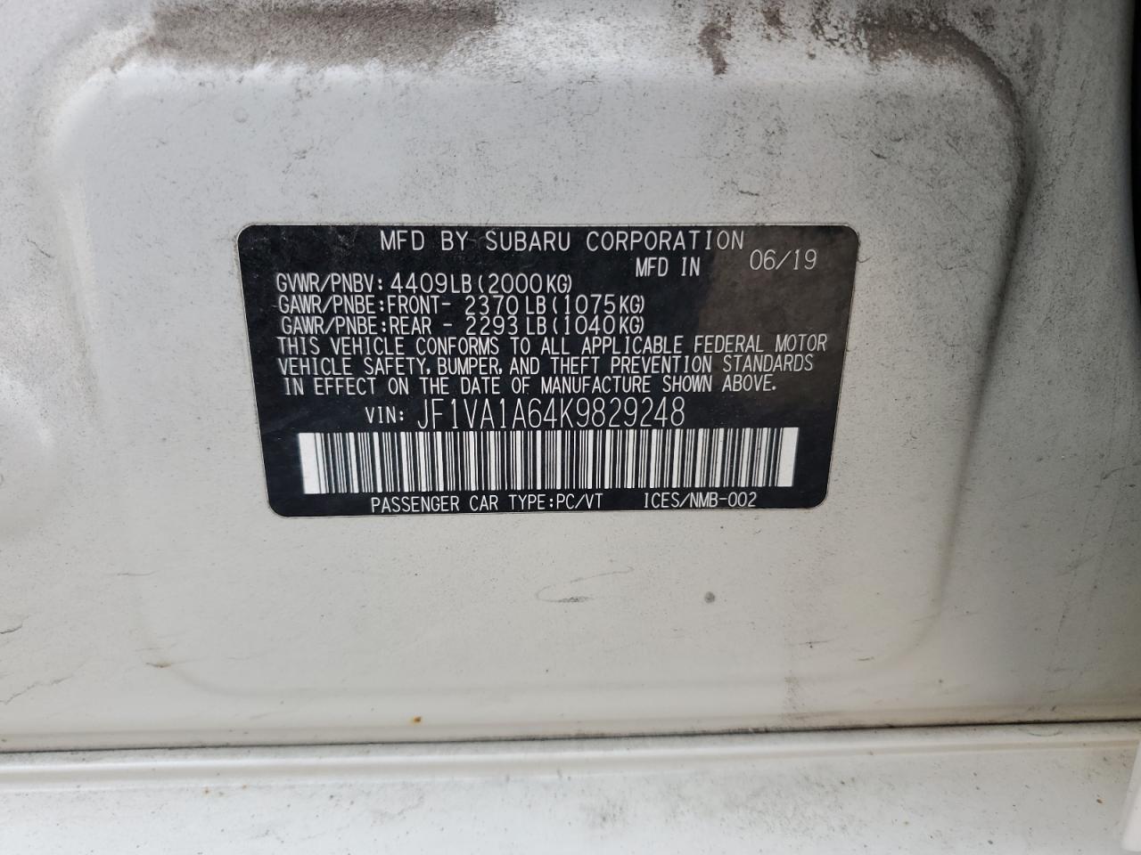 2019 Subaru Wrx VIN: JF1VA1A64K9829248 Lot: 63777455