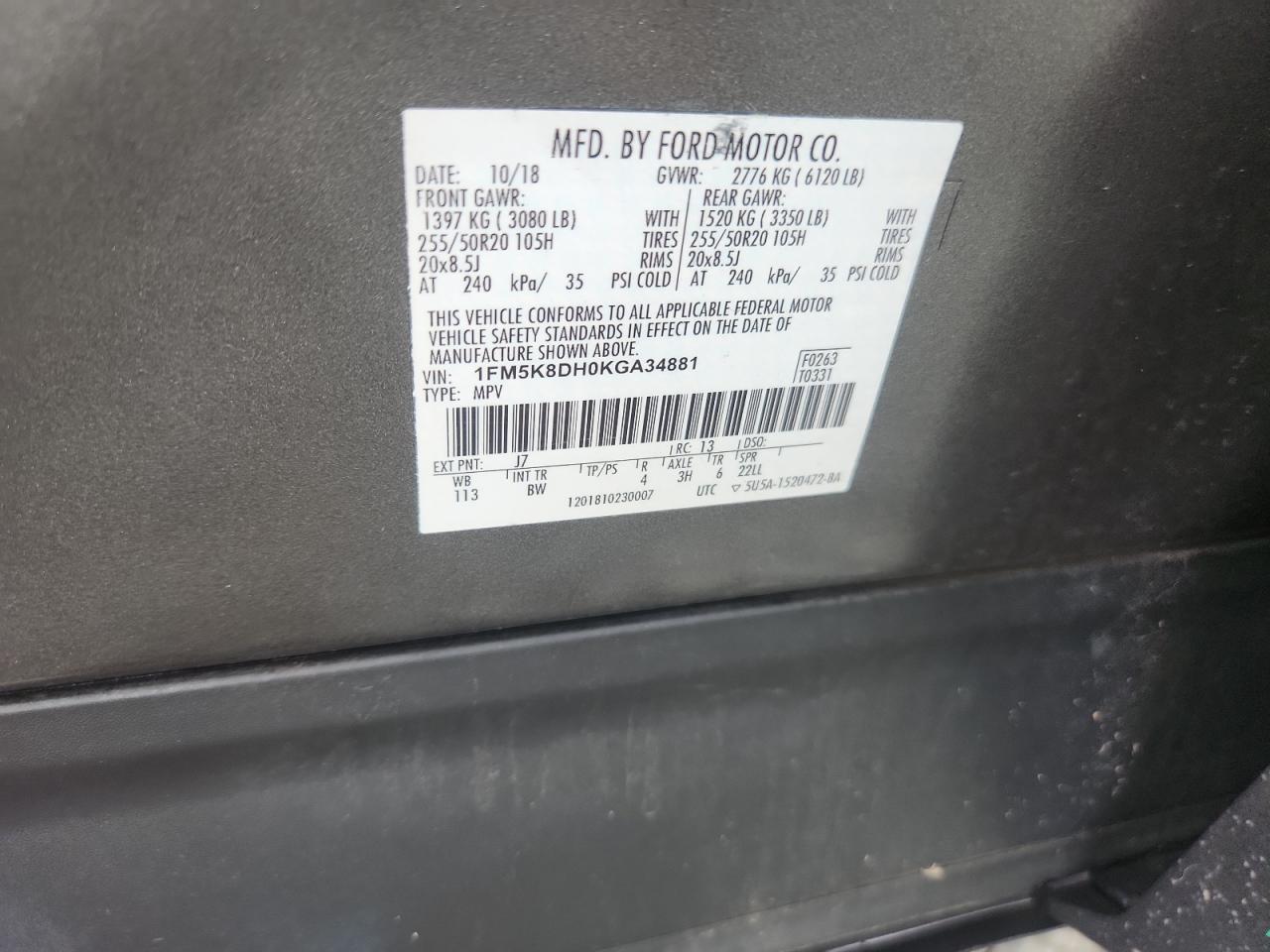 2019 Ford Explorer Xlt VIN: 1FM5K8DH0KGA34881 Lot: 65332105