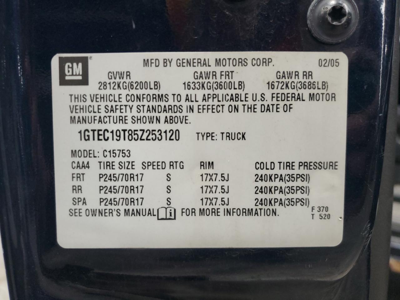 2005 GMC New Sierra C1500 VIN: 1GTEC19T85Z253120 Lot: 64520625
