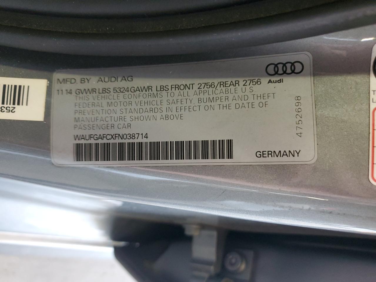 2015 Audi A6 Premium Plus VIN: WAUFGAFCXFN038714 Lot: 64446395