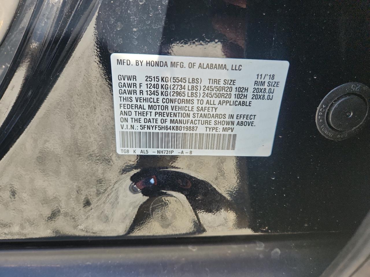 2019 Honda Pilot Touring VIN: 5FNYF5H64KB019887 Lot: 65230225