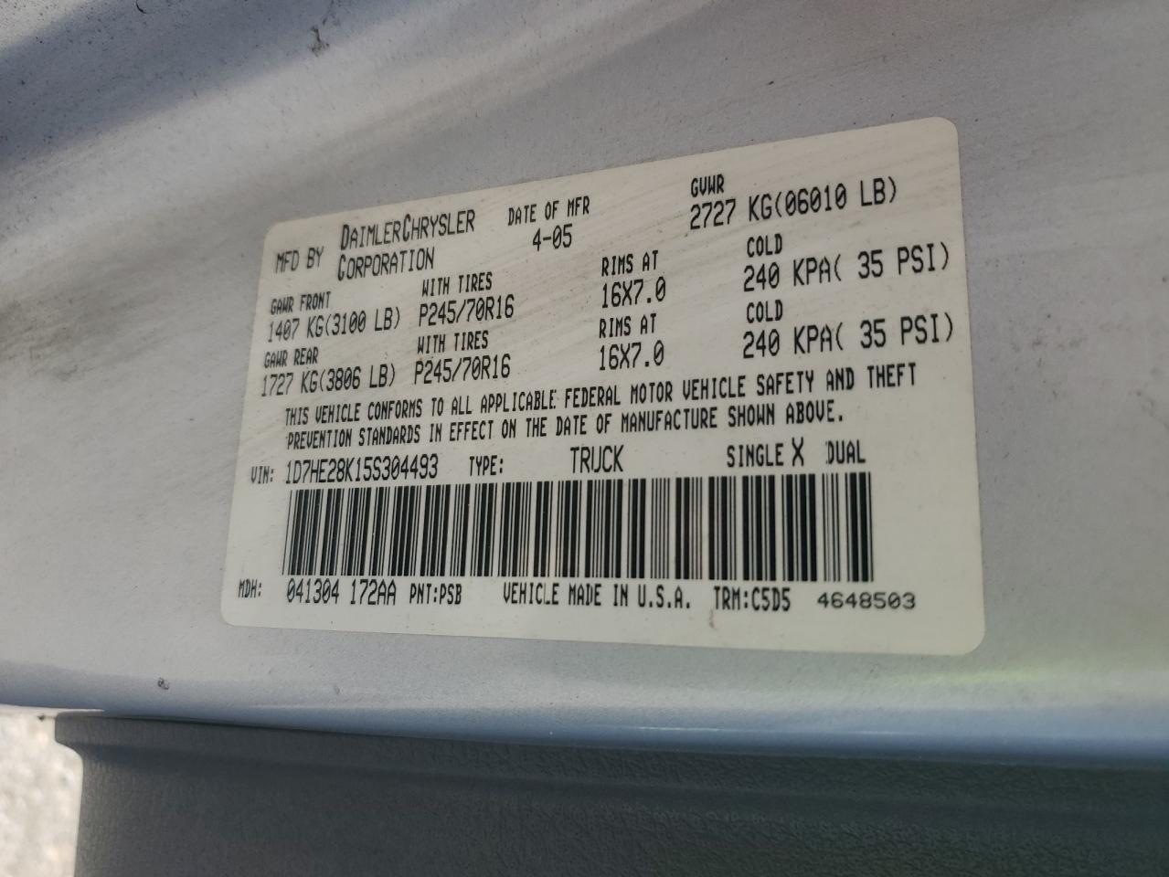 2005 Dodge Dakota Quad VIN: 1D7HE28K15S304493 Lot: 66843145