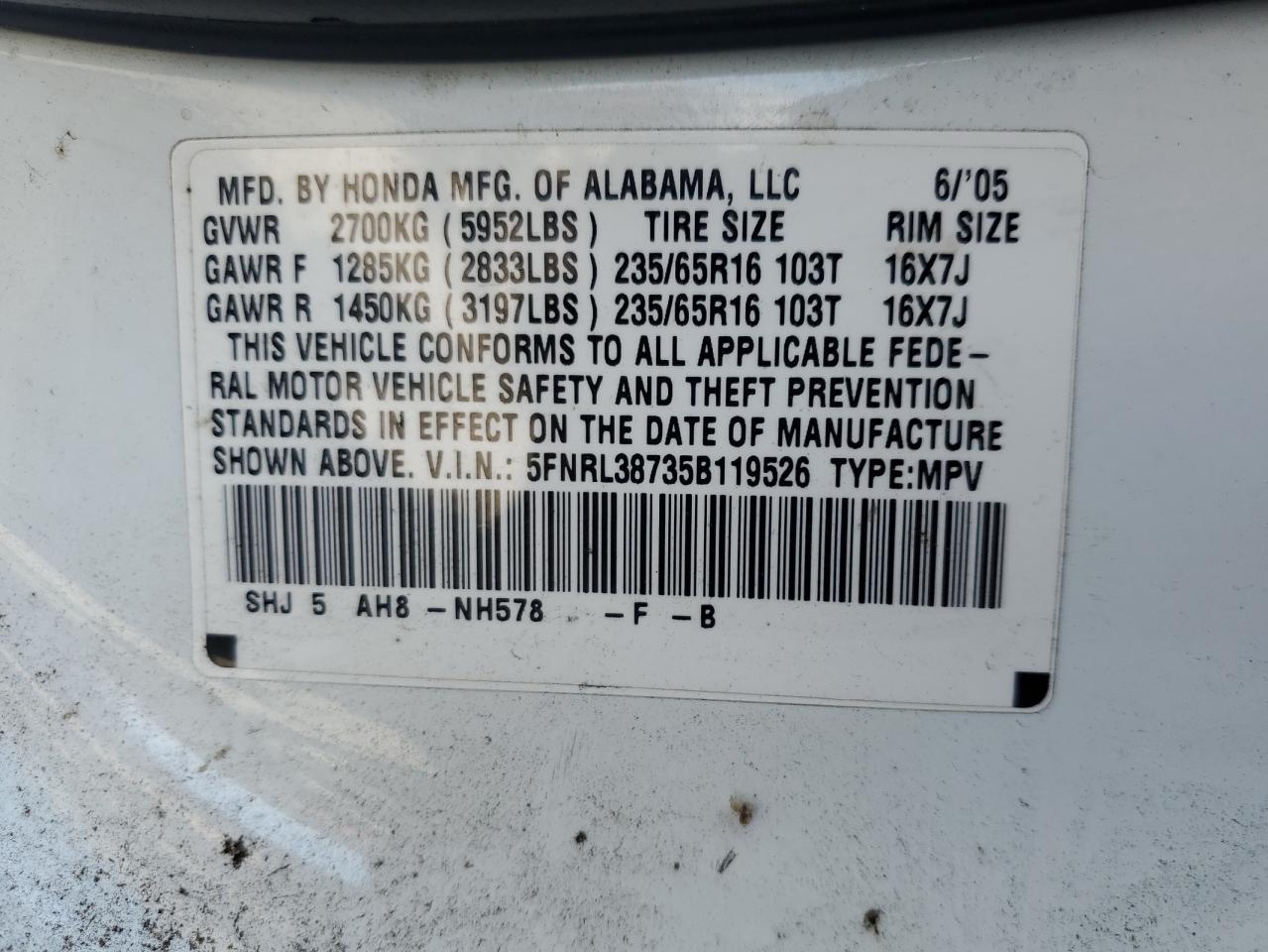 2005 Honda Odyssey Exl VIN: 5FNRL38735B119526 Lot: 64610835