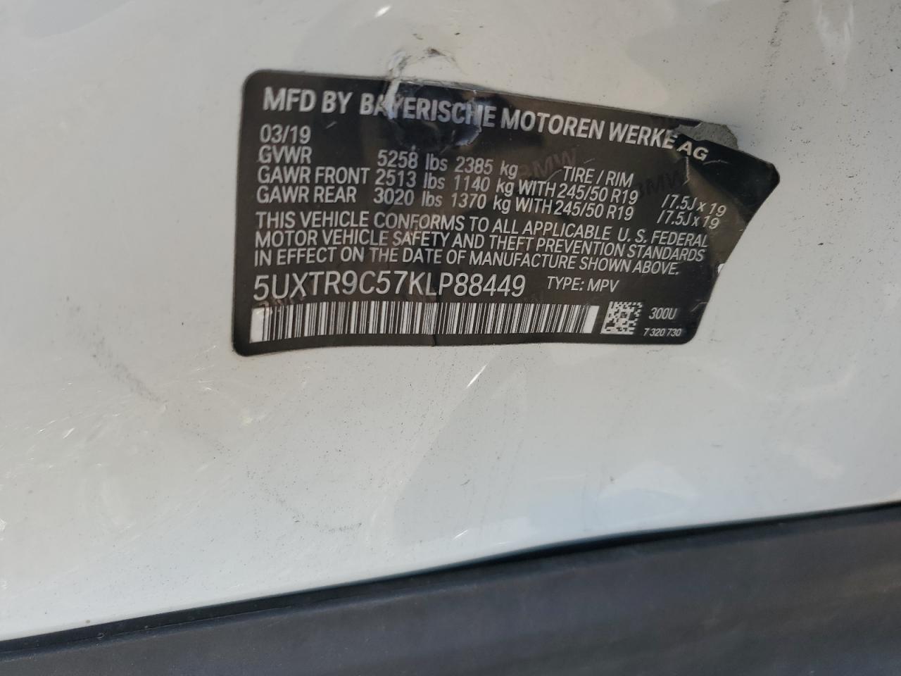 2019 BMW X3 xDrive30I VIN: 5UXTR9C57KLP88449 Lot: 66635855