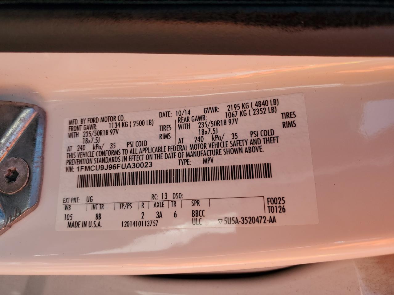 2015 Ford Escape Titanium VIN: 1FMCU9J96FUA30023 Lot: 64929005