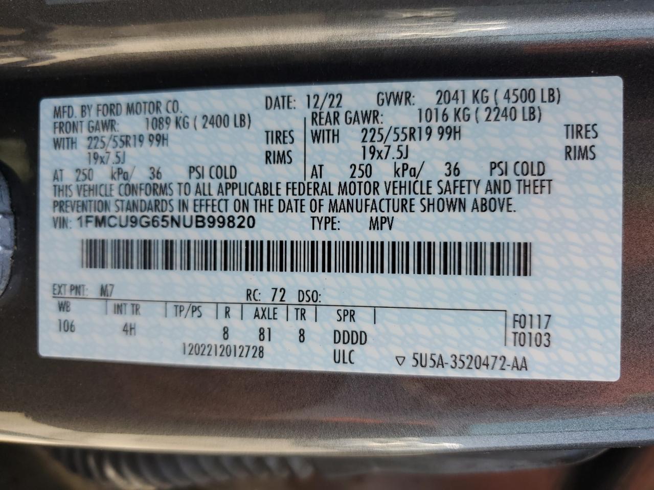 2022 Ford Escape Se VIN: 1FMCU9G65NUB99820 Lot: 63441425