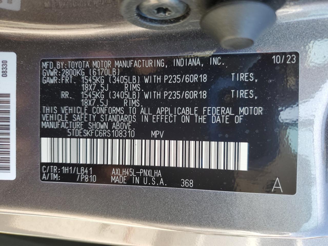 2024 Toyota Sienna Limited VIN: 5TDESKFC6RS108310 Lot: 65391015