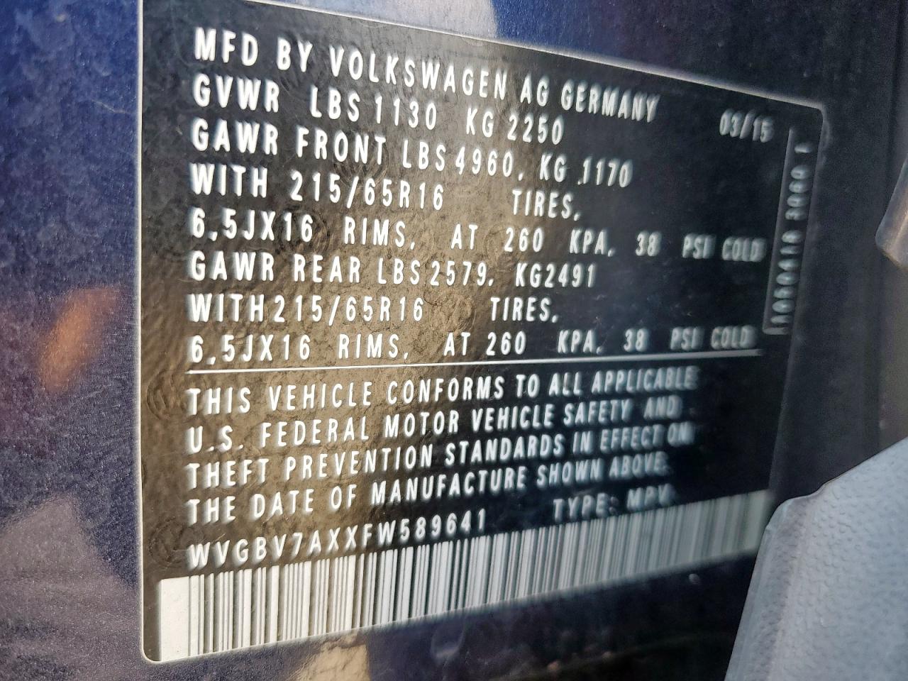 2015 Volkswagen Tiguan S VIN: WVGBV7AXXFW589641 Lot: 64142125