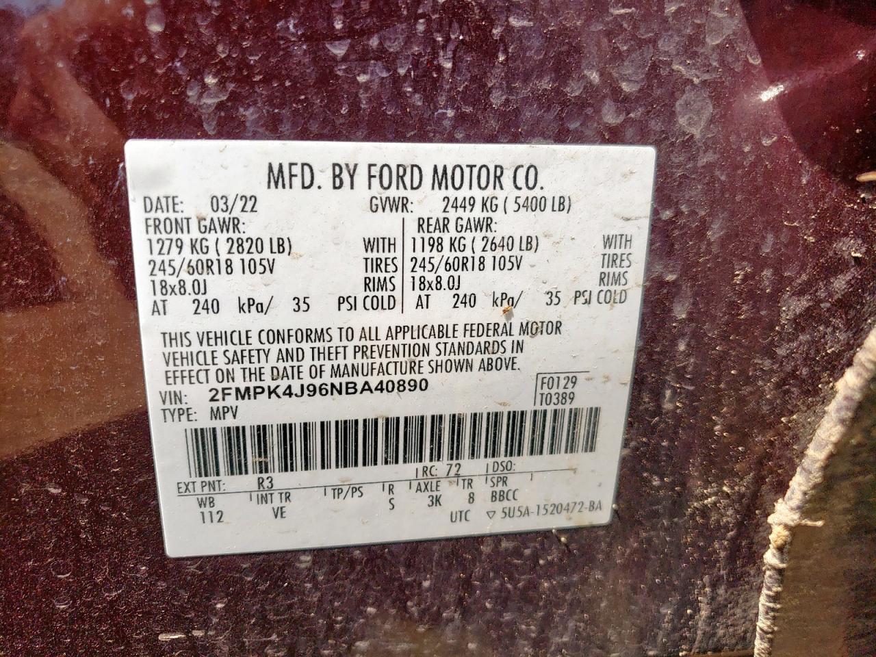 2022 Ford Edge Sel VIN: 2FMPK4J96NBA40890 Lot: 65416885