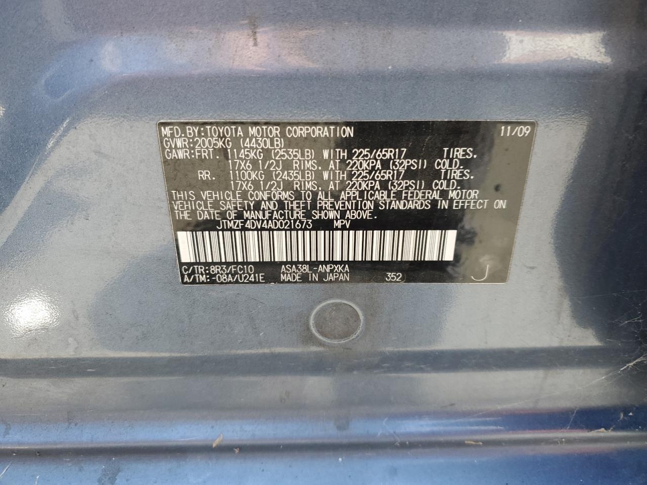 2010 Toyota Rav4 VIN: JTMZF4DV4AD021673 Lot: 65065995