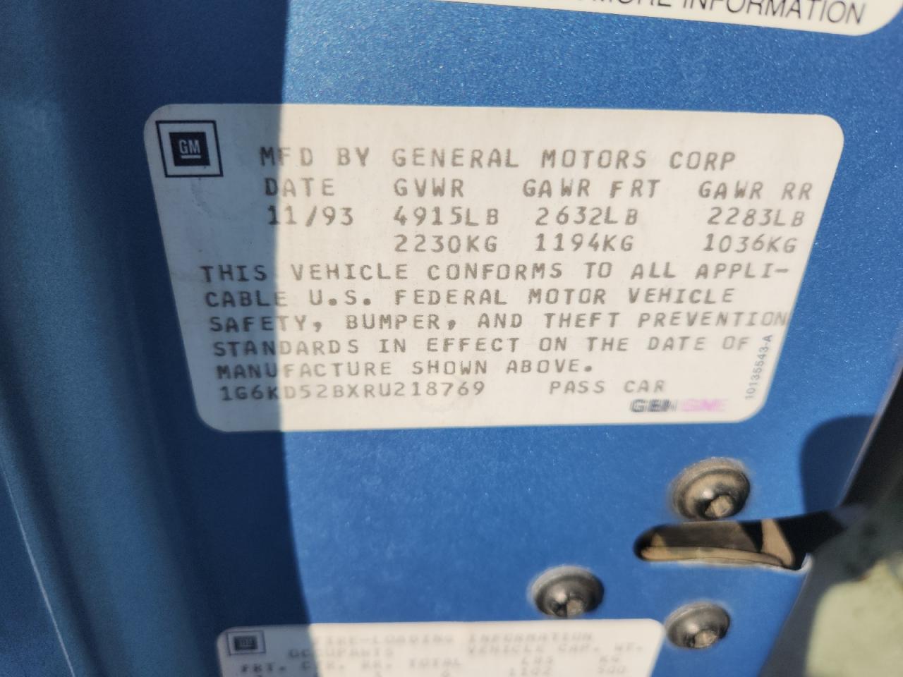 1g6kd52bxru218769 1G6KD52BXRU218769 1994 Cadillac Deville