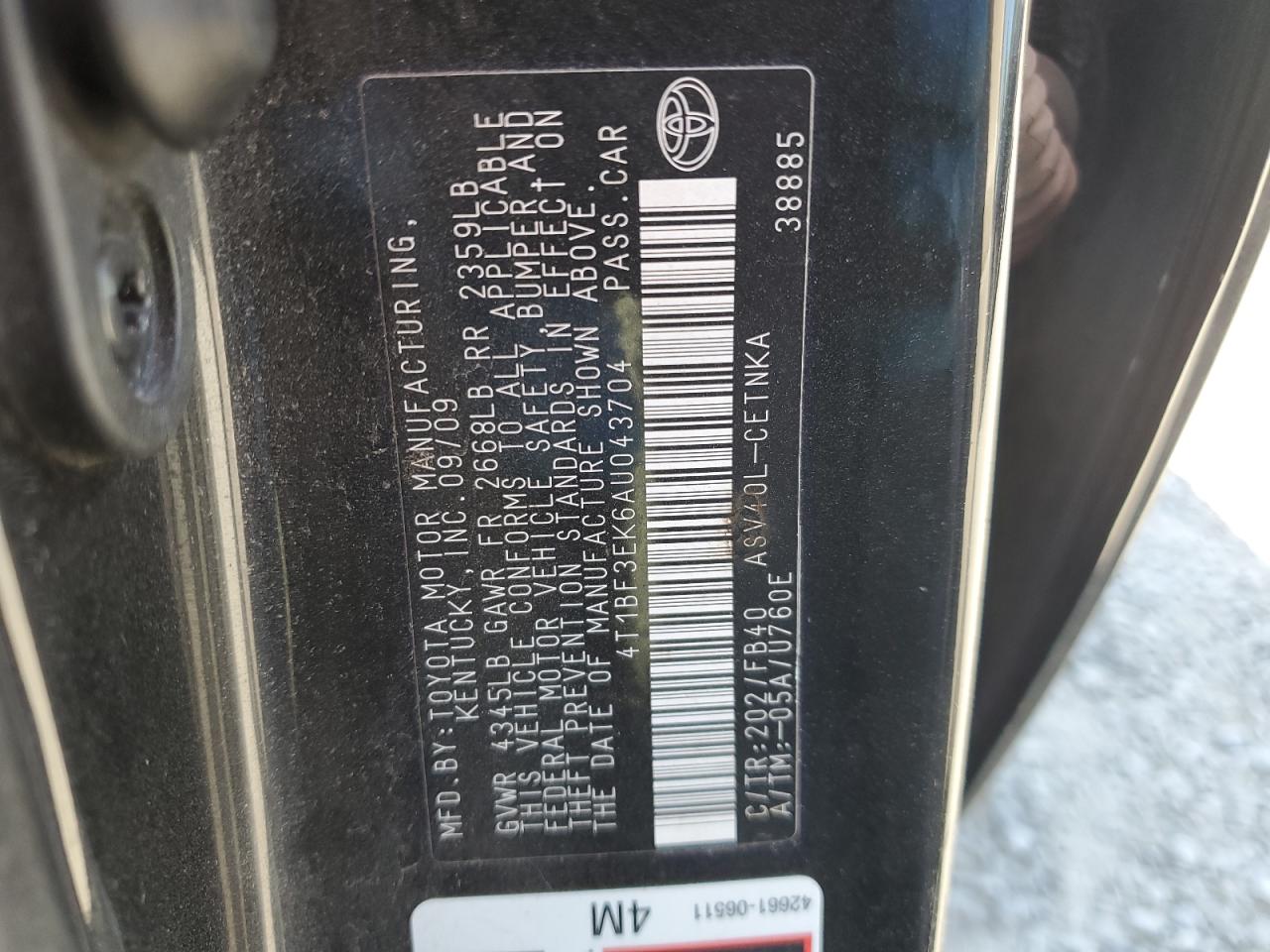 2010 Toyota Camry Base VIN: 4T1BF3EK6AU043704 Lot: 66049385