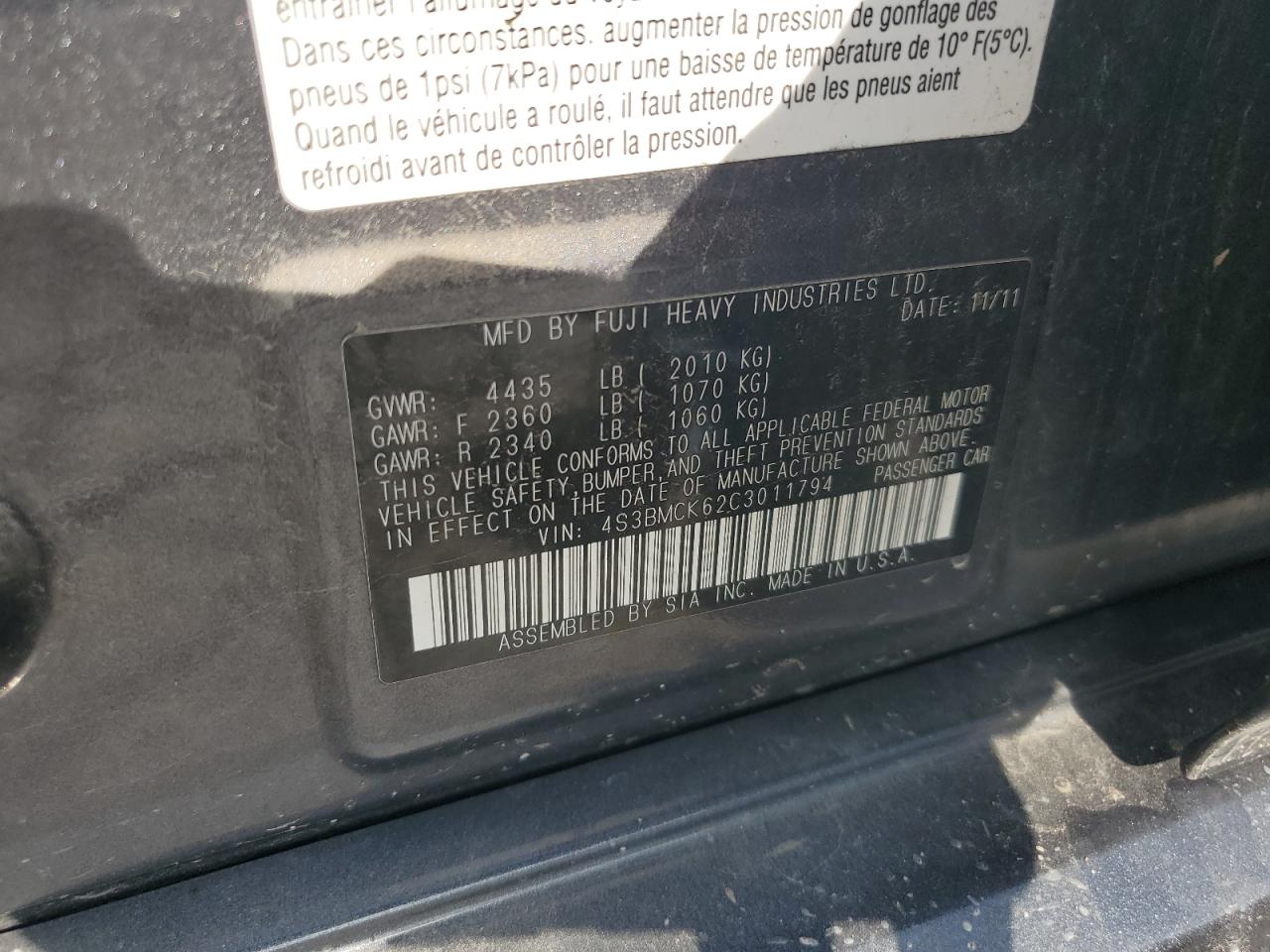 2012 Subaru Legacy 2.5I Limited VIN: 4S3BMCK62C3011794 Lot: 64943665