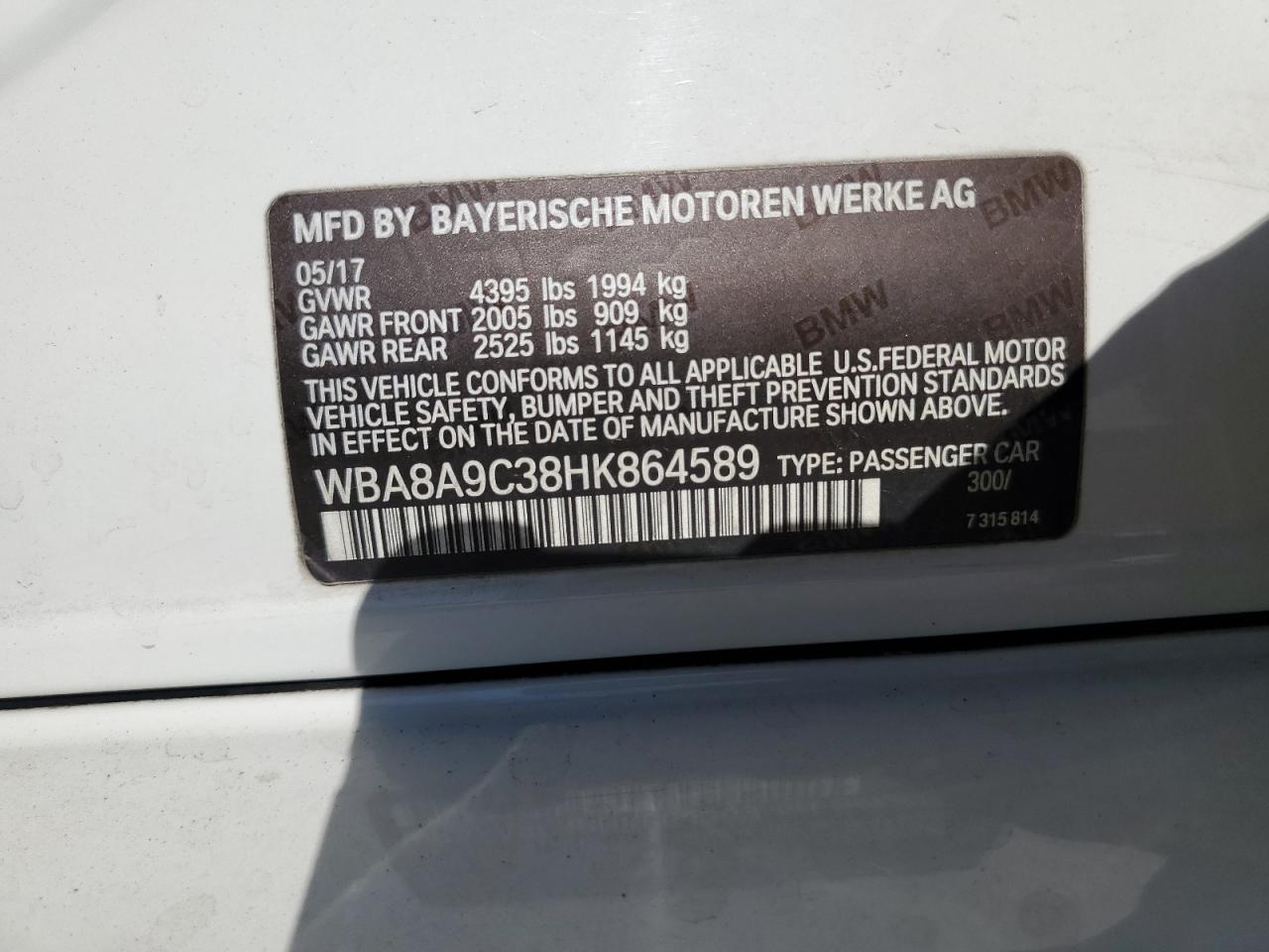 2017 BMW 320 I VIN: WBA8A9C38HK864589 Lot: 65400065