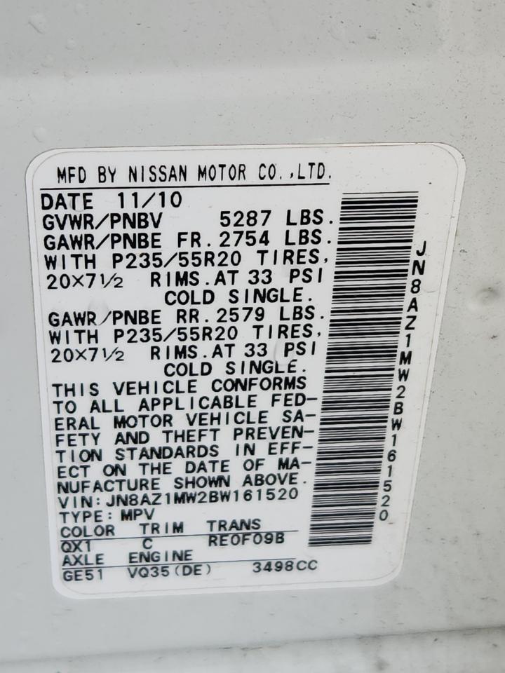 2011 Nissan Murano S VIN: JN8AZ1MW2BW161520 Lot: 65334345