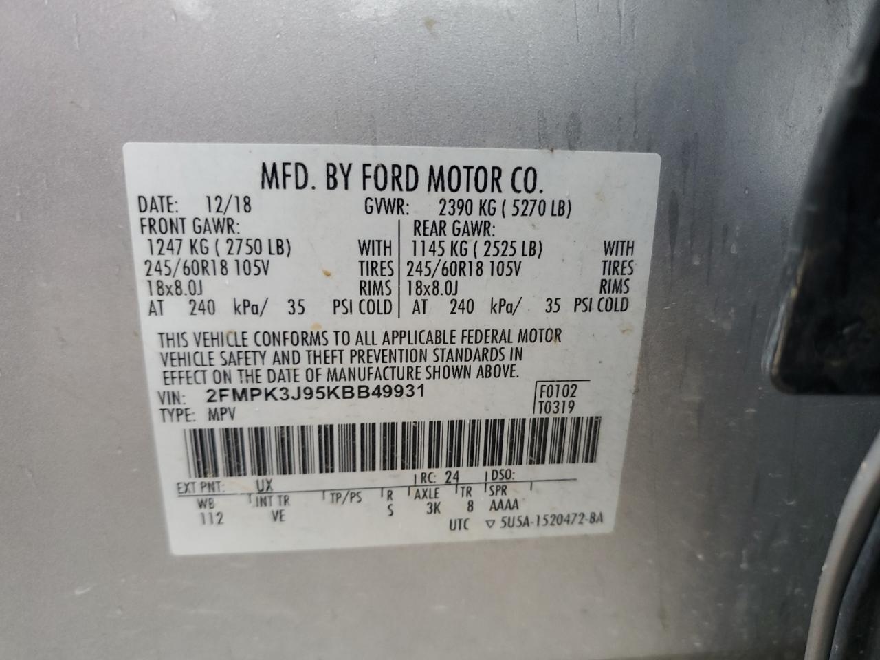 2019 Ford Edge Sel VIN: 2FMPK3J95KBB49931 Lot: 64449255