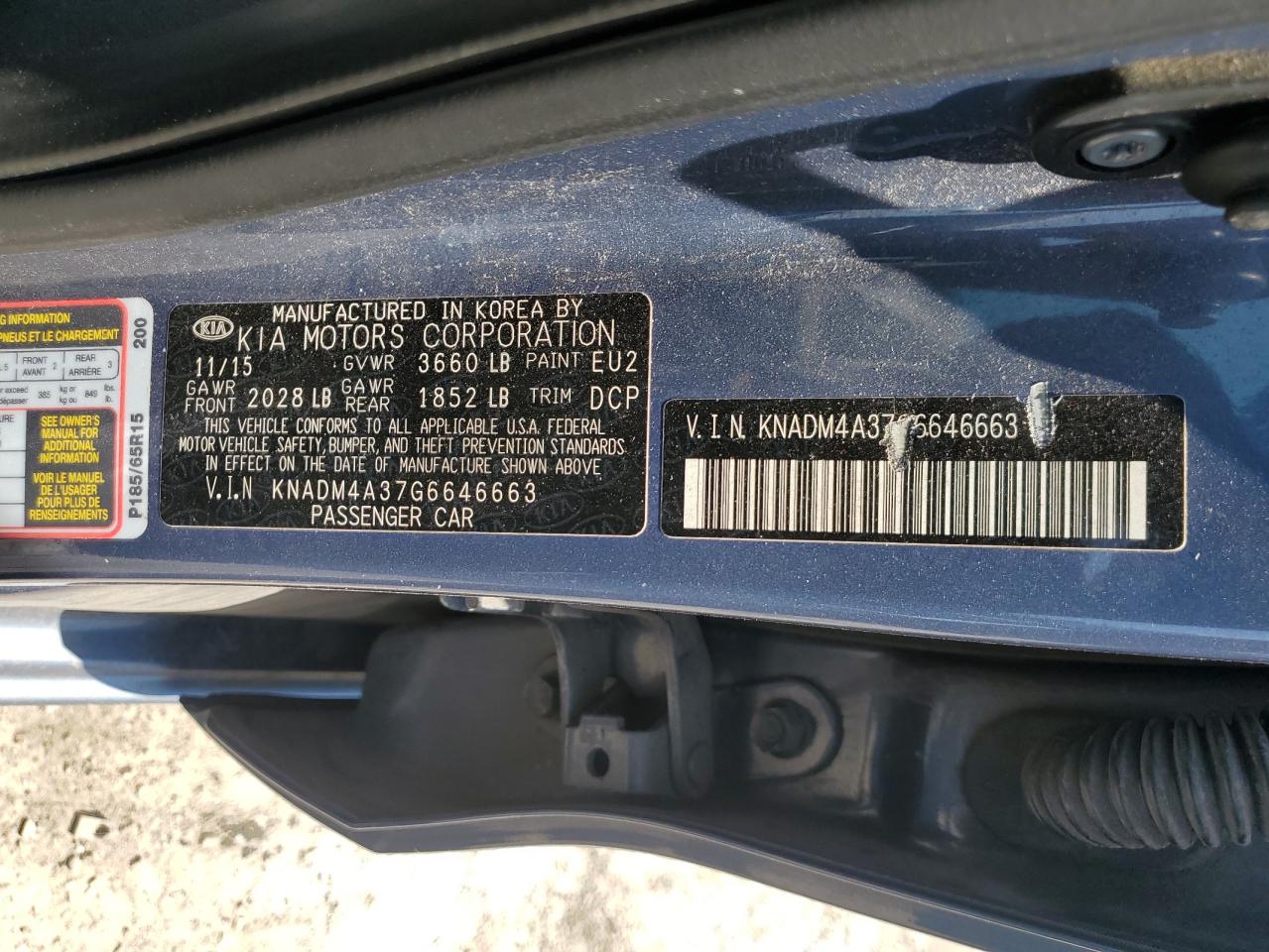 2016 Kia Rio Lx VIN: KNADM4A37G6646663 Lot: 63369065