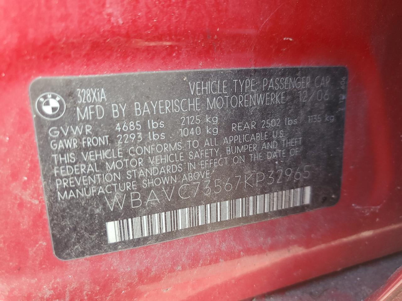 wbavc73567kp32965 WBAVC73567KP32965 2007 BMW 328 Xi Sulev