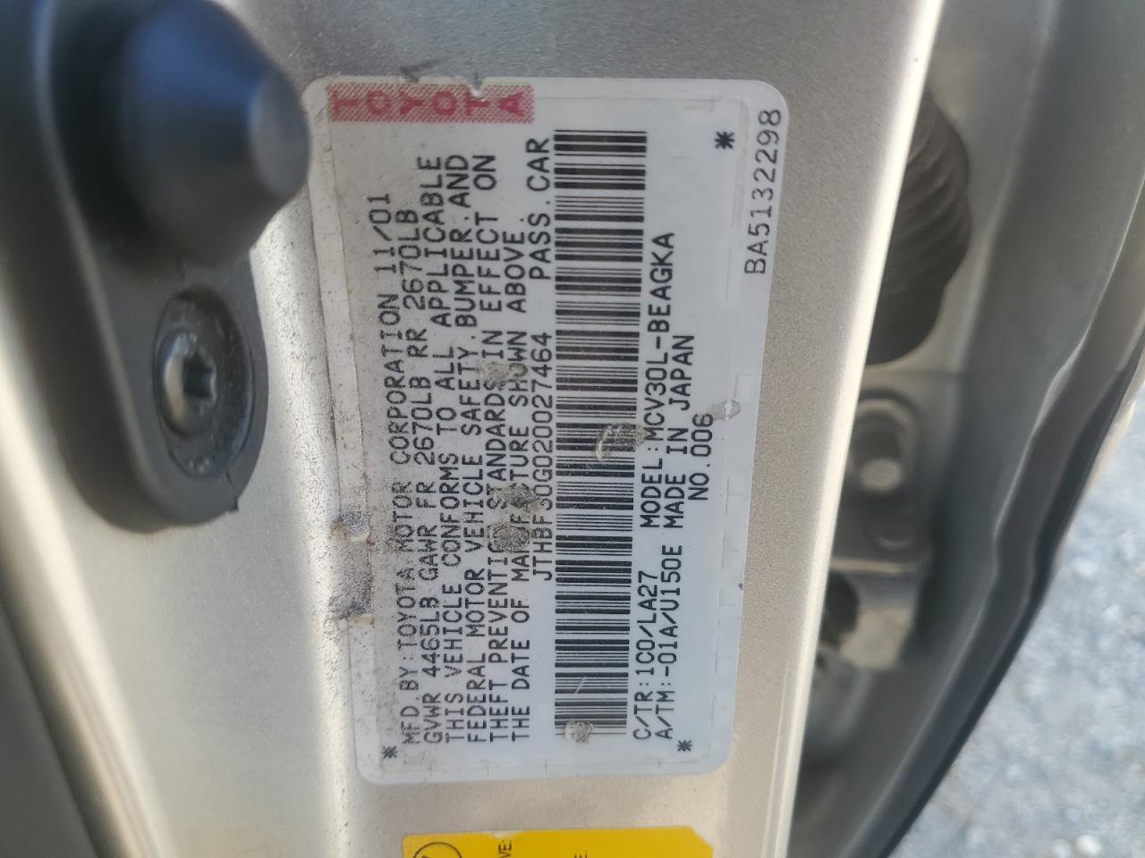 2002 Lexus Es 300 VIN: JTHBF30G020027464 Lot: 63291065