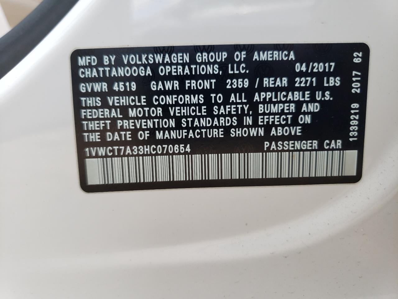 2017 Volkswagen Passat Sel Premium VIN: 1VWCT7A33HC070654 Lot: 63343525