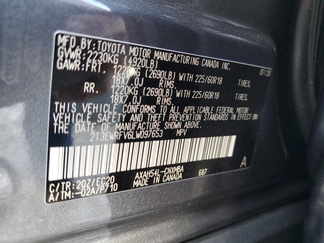 2020 Toyota Rav4 Xse VIN: 2T3EWRFV6LW097653 Lot: 65853005