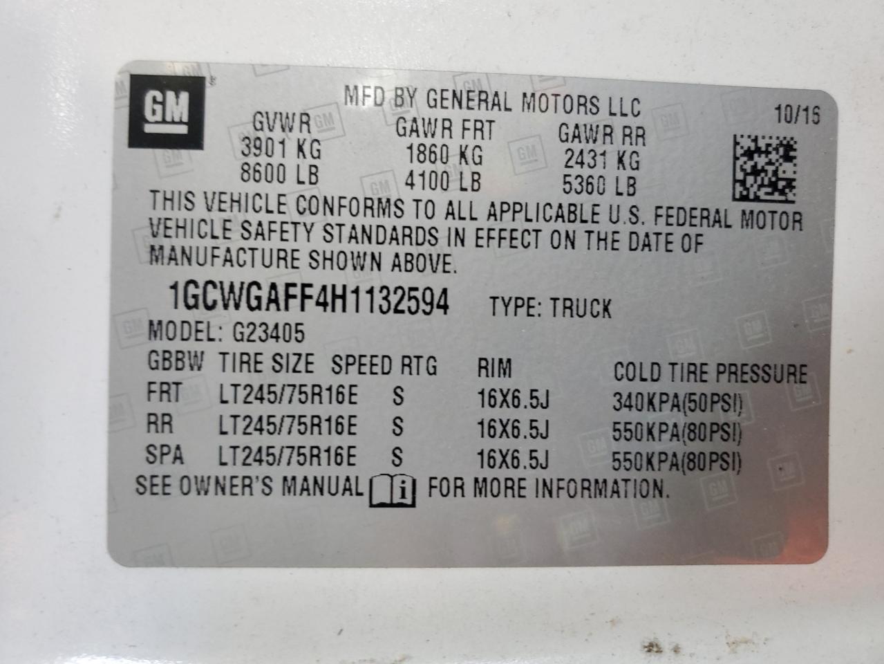 2017 Chevrolet Express G2500 VIN: 1GCWGAFF4H113594 Lot: 65409395