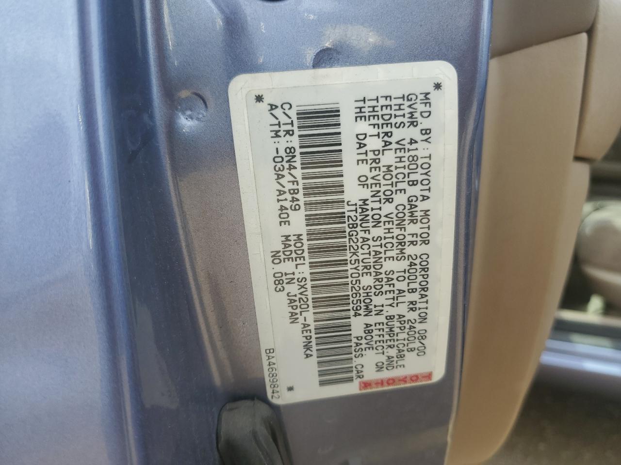 2000 Toyota Camry Ce VIN: JT2BG22K5Y0526594 Lot: 66488265