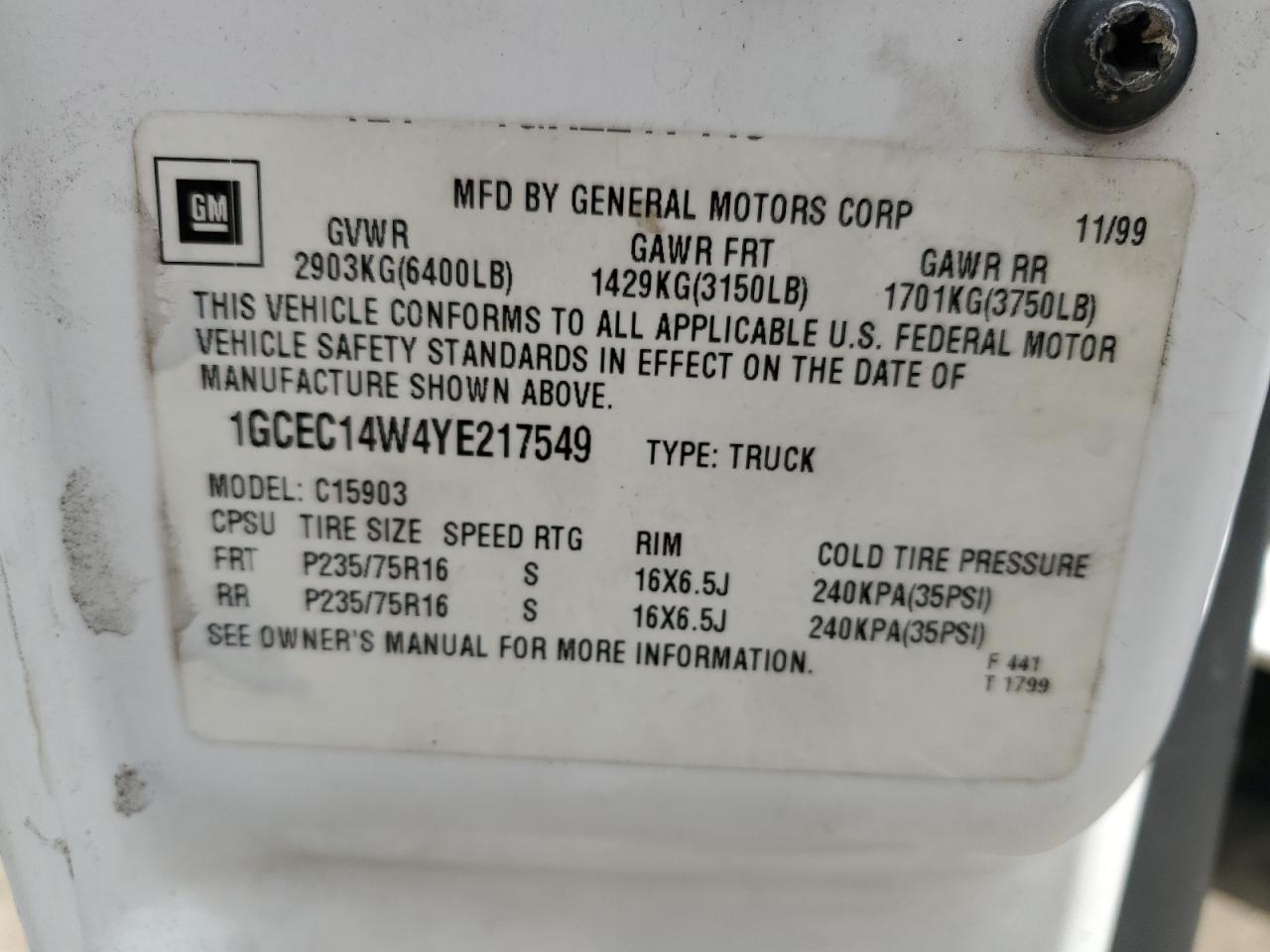 2000 Chevrolet Silverado C1500 VIN: 1GCEC14W4YE217549 Lot: 65739615