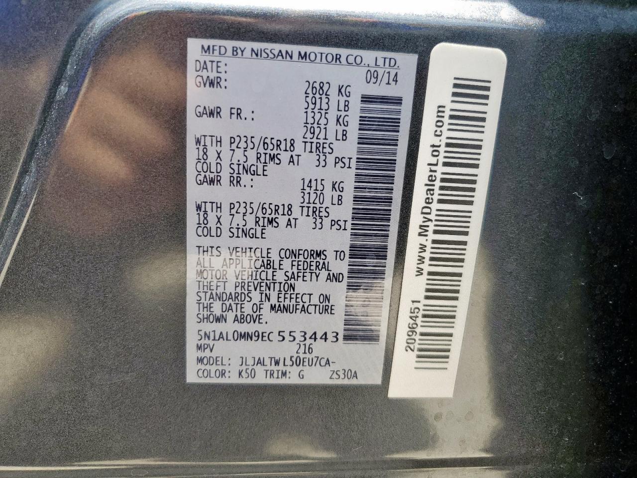 2014 Infiniti Qx60 VIN: 5N1AL0MN9EC553443 Lot: 64079695