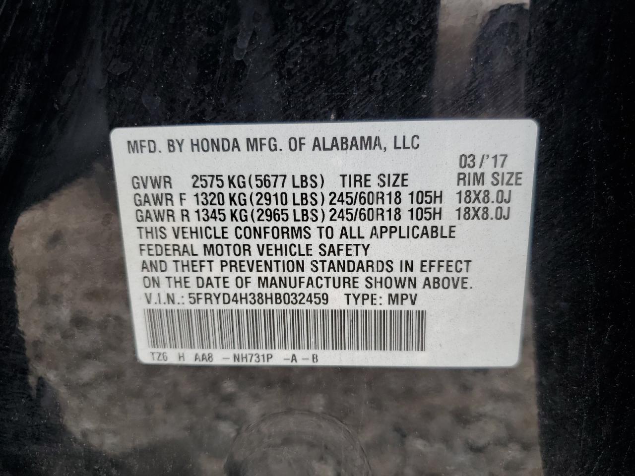 2017 Acura Mdx VIN: 5FRYD4H38HB032459 Lot: 67559415