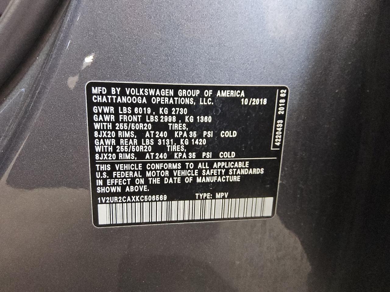 2019 Volkswagen Atlas Se VIN: 1V2UR2CAXKC506569 Lot: 60248025