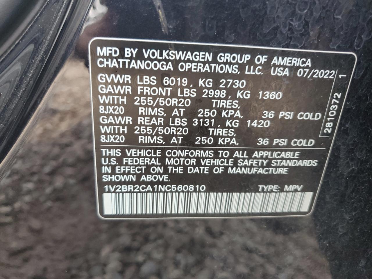 2022 Volkswagen Atlas Sel VIN: 1V2BR2CA1NC560810 Lot: 63440665