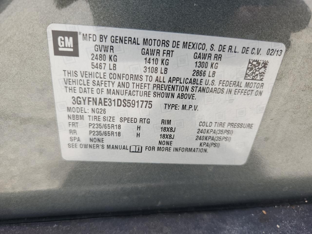 2013 Cadillac Srx VIN: 3GYFNAE31DS591775 Lot: 65132615