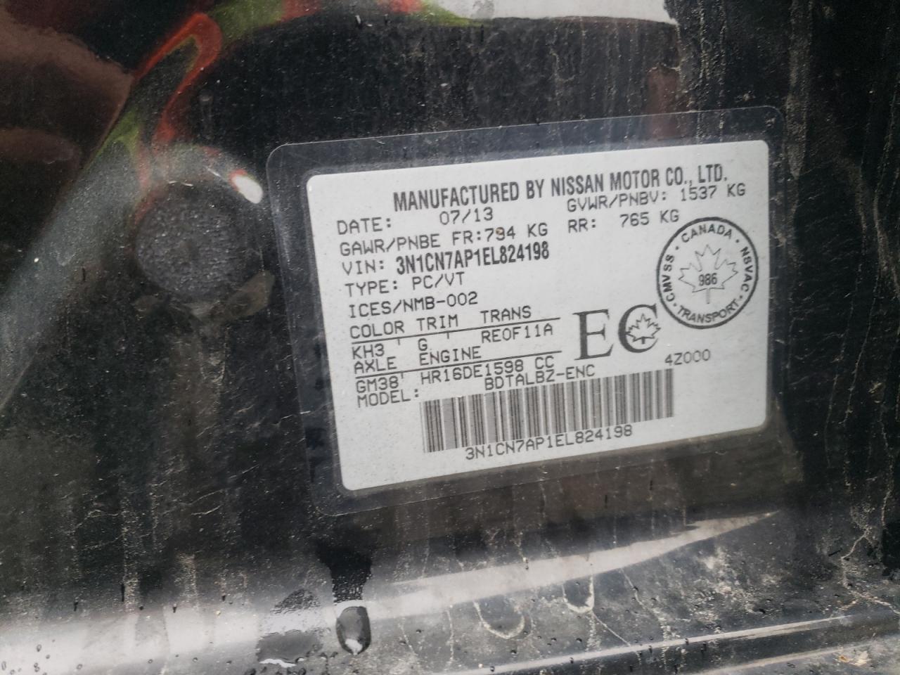 2014 Nissan Versa S VIN: 3N1CN7AP1EL824198 Lot: 64167355