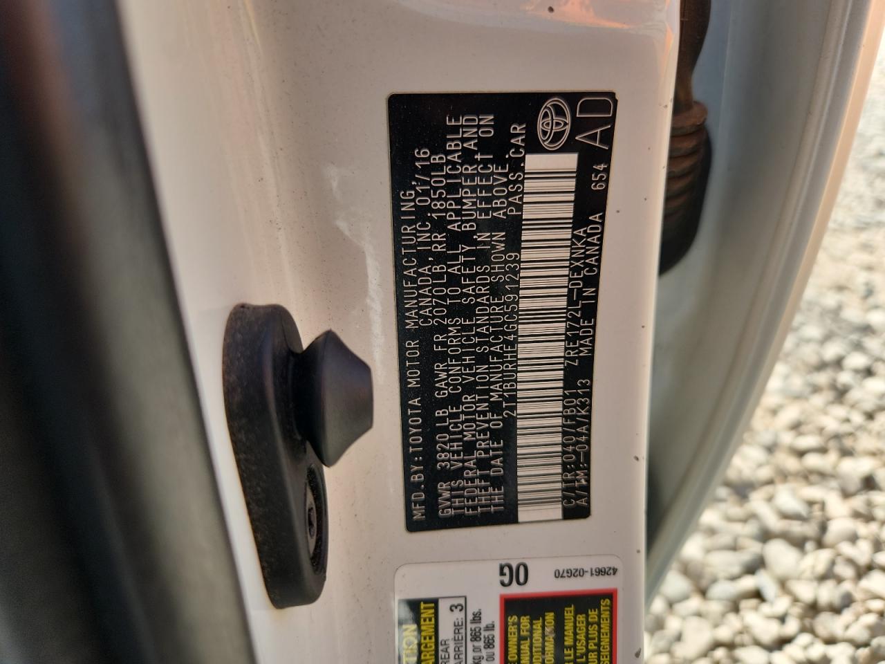 2016 Toyota Corolla L VIN: 2T1BURHE4GC591239 Lot: 66889255